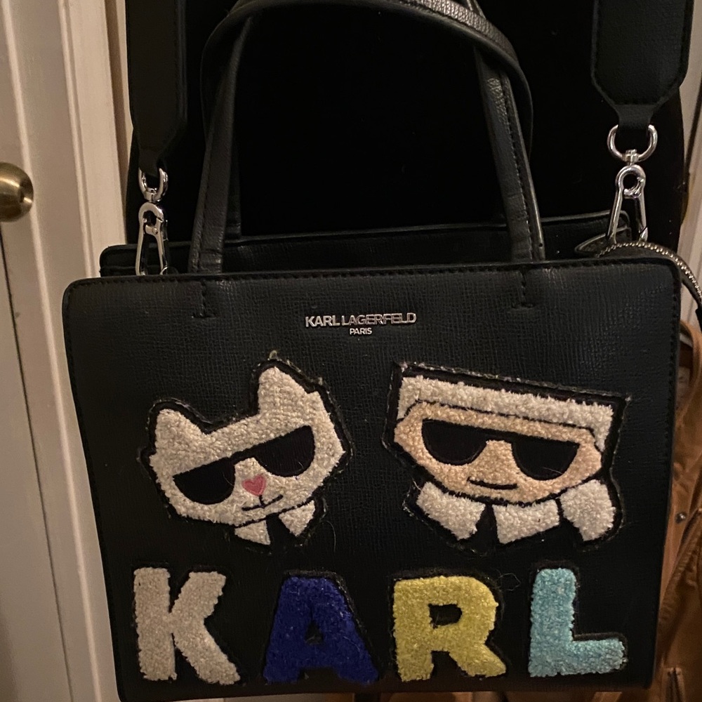 Karl Lagerfeld Black Satchel with Cat and Karl Patch